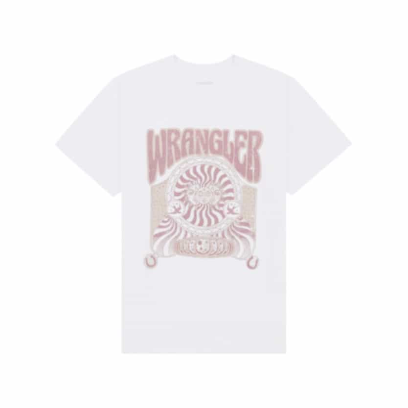 Image of a white t-shirt with red drawing and Wrangler