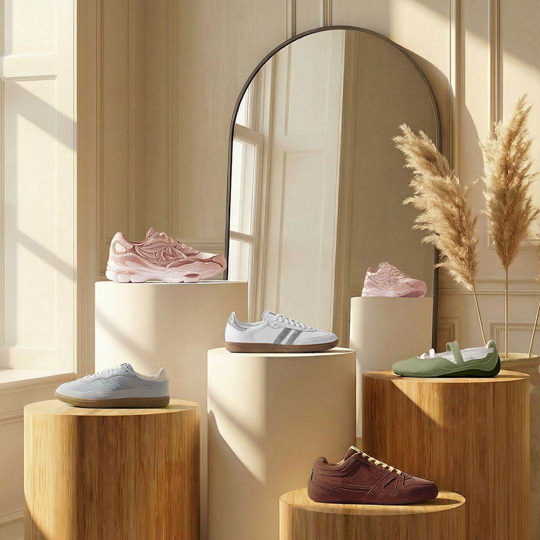A selection of colourful trainers displayed on neutral beige and wooden podiums in a modern beige room